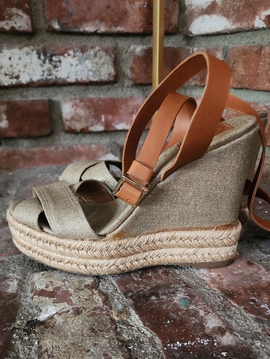 Tory Burch Shoes - Tory Burch Tan Leather Ankle-Strap Wedge Espadrilles